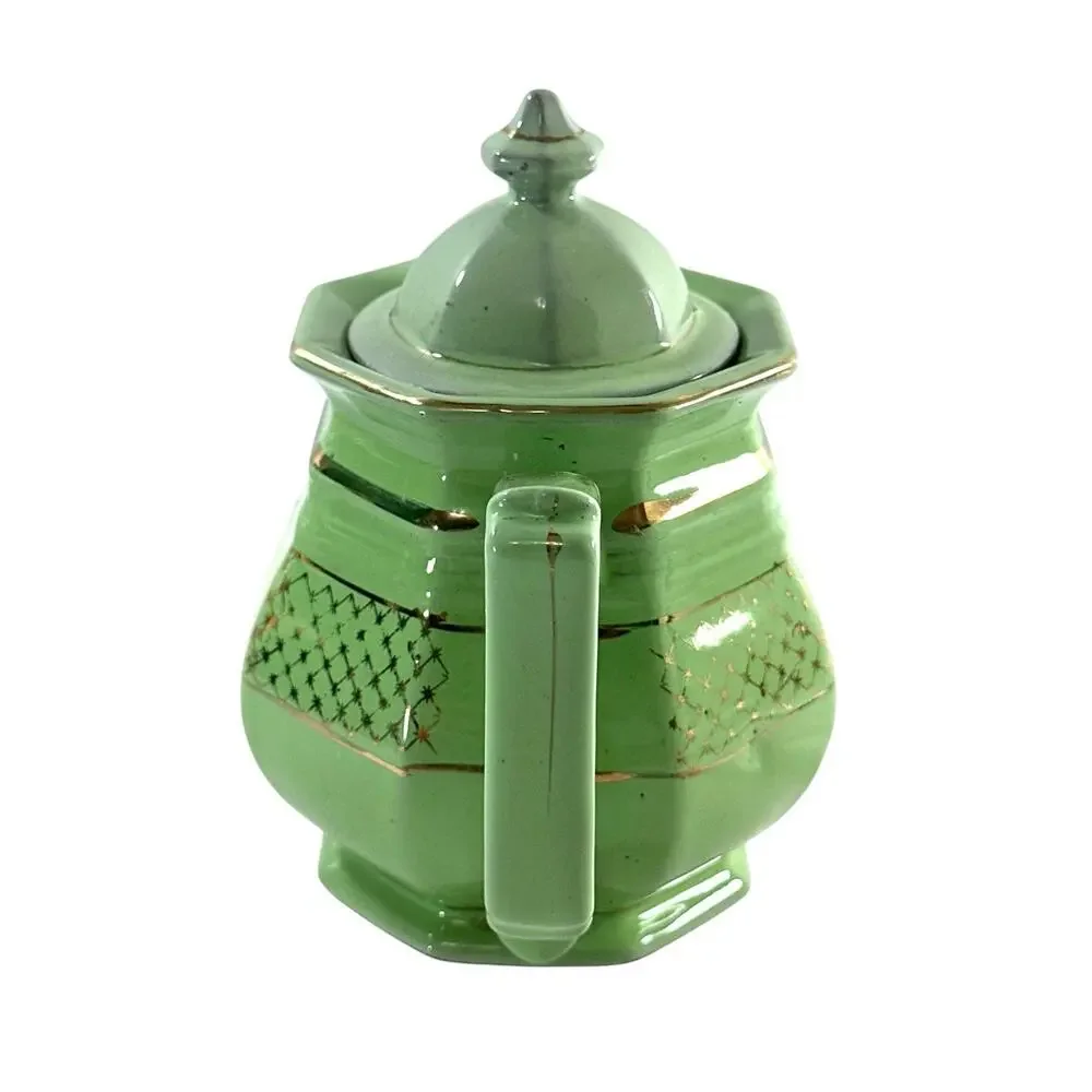 Vintage Art Deco Green Porcelain Teapot Gold Gilt Geometric Octagonal 7.5”